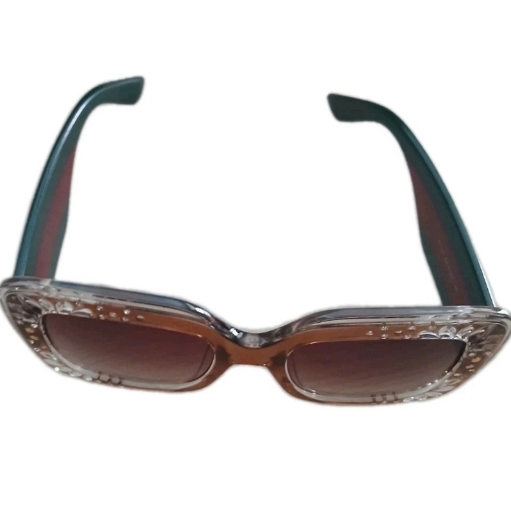 Womens Rectangular Foliage Jewel Trim Thick Plastic Sunglasses Green & Red - Picture 4 of 6